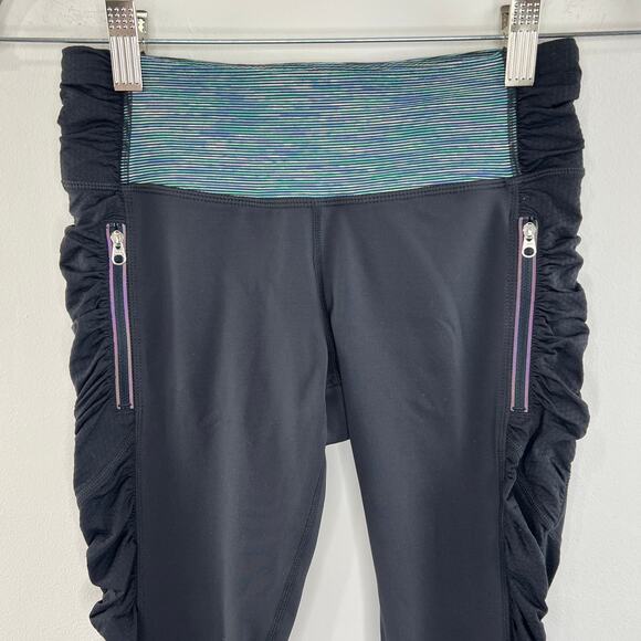 Y2K Lululemon Black Green Waist Ruched Capri Cropped Athletic Leggings Size 4 - Picture 2 of 6